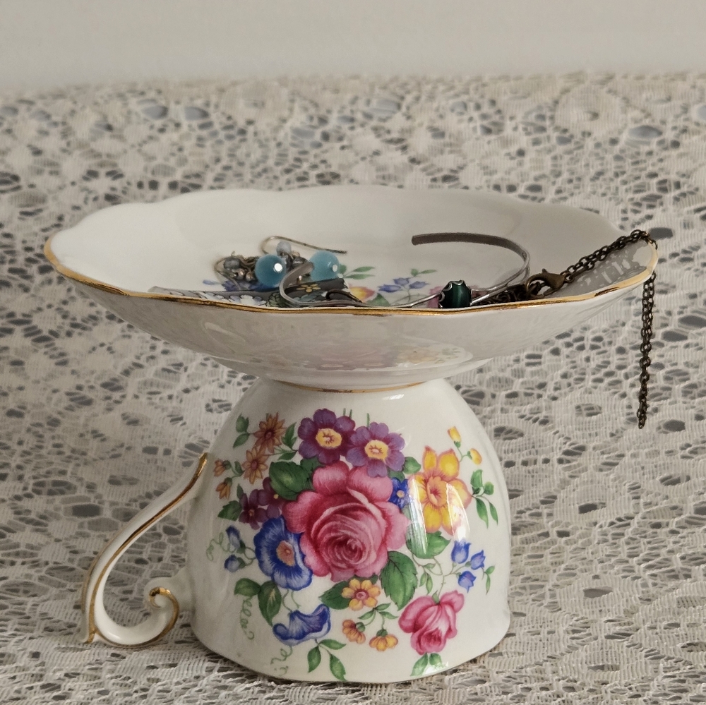 Upcycled Floral Teacup Jewelry Holder Trinket Stand with Gold Trim
